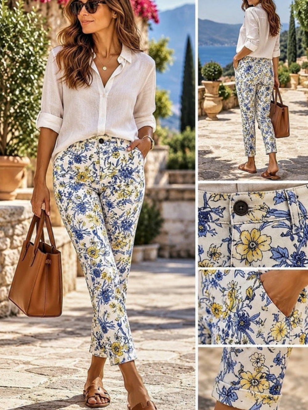 Talbots Blue Yellow Floral Print Ankle Pants Size 12 Like New